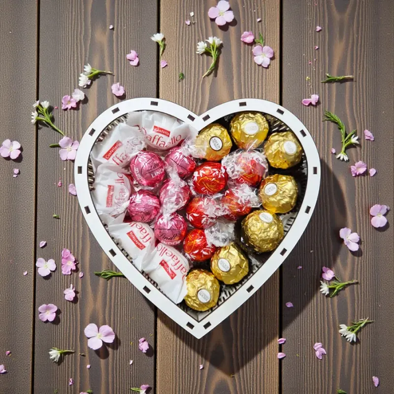 Wnętrze pudełka w kształcie serca z pralinkami Ferrero Rocher, Raffaello i Lindor ułożonymi w kompozycji