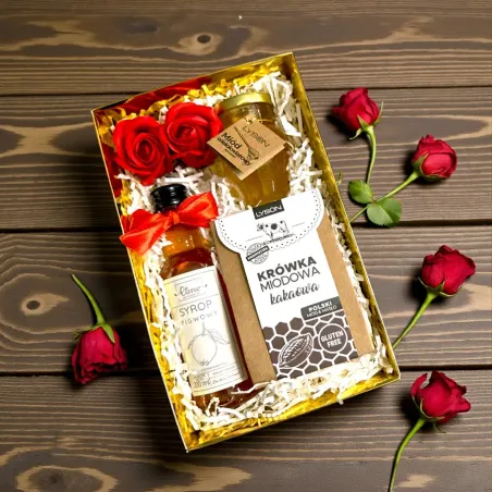 Wnętrze złotego pudełka z miodem i syropem bez magnesu serca