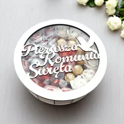 Okrągłe pudełko komunijne z napisem Pierwsza Komunia Święta