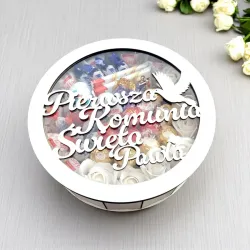 Imienne okrągłe pudełko na Pierwszą Komunię Świętą
