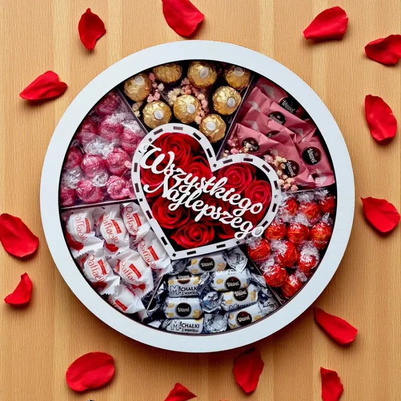 Okrągłe pudełko urodzinowe z napisem Wszystkiego najlepszego