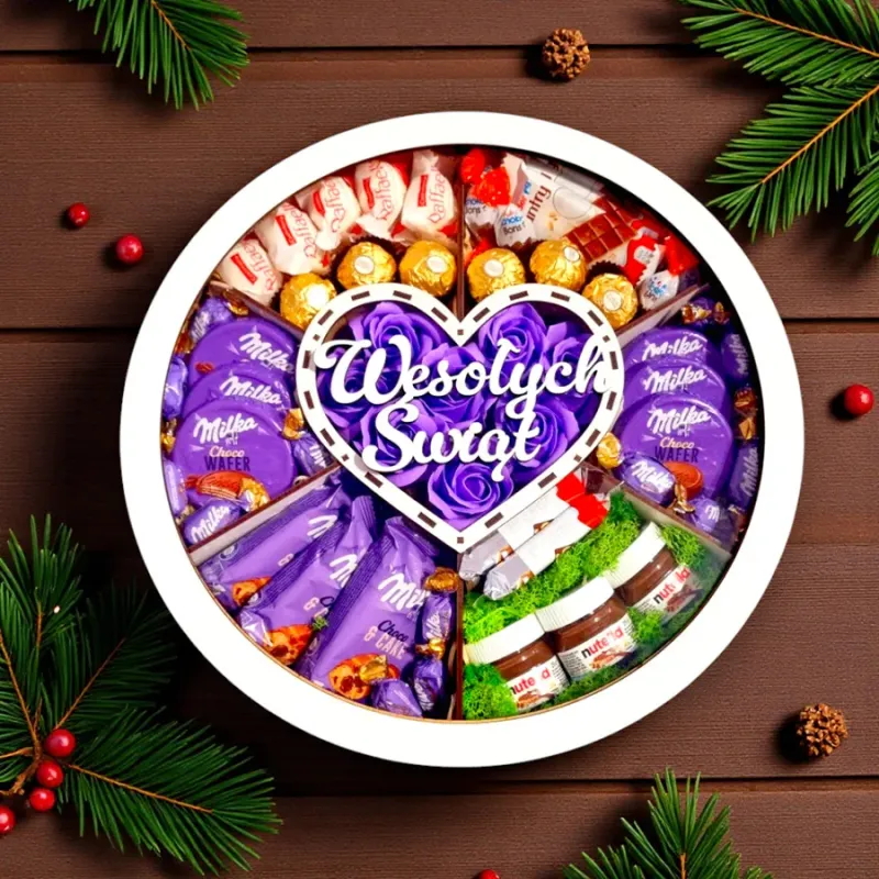 Świąteczne pudełko z transparentnym wieczkiem i napisem Wesołych Świąt