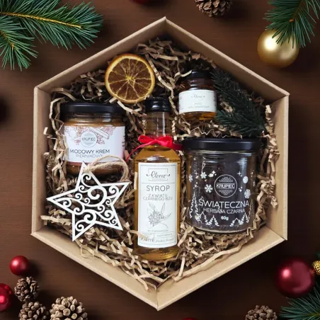 Wnętrze świątecznego sześciokąta z syropem, miodem i kremem piernikowym