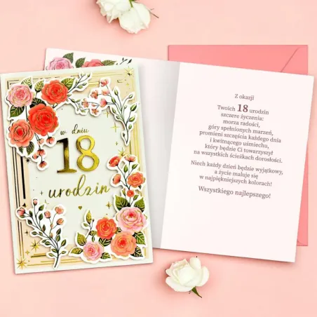 W dniu 18 urodzin – karnet z kwiatową ramką