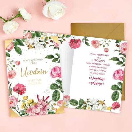 Kwiatowy karnet urodzinowy z różami, złotymi detalami i ciemnozłotą kopertą.