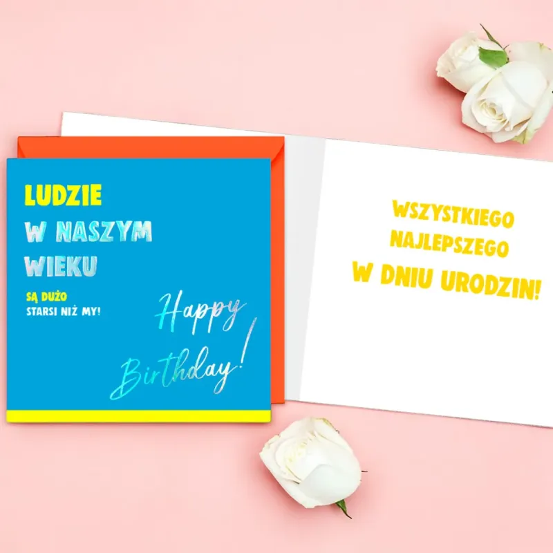 Neonowy karnet Quadro z zabawnym napisem i pomarańczową kopertą.