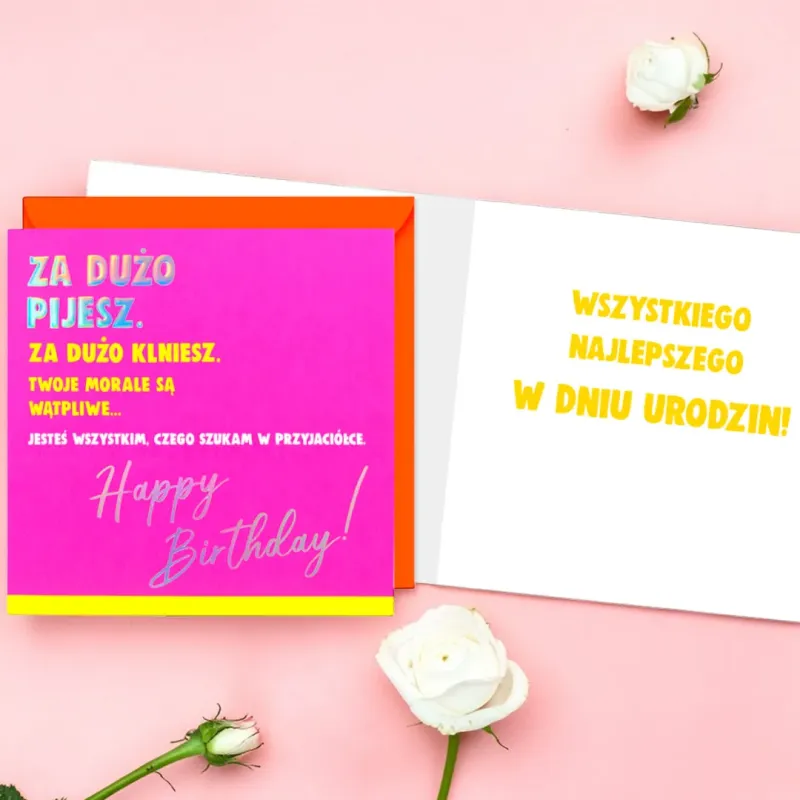 Neonowy karnet Quadro dla przyjaciółki z pomarańczową kopertą.