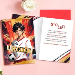 Sportowy karnet z piłkarzem, złotą folią i czerwoną kopertą.