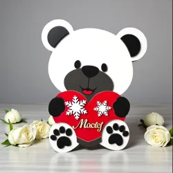 Wieczko pudełka z misiem, czerwonym sercem, imieniem i śnieżynkami