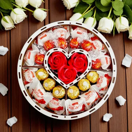 Wnętrze białego okrągłego pudełka z centralnym sercem, Raffaello, Lindor, Ferrero Rocher i czerwonymi różami
