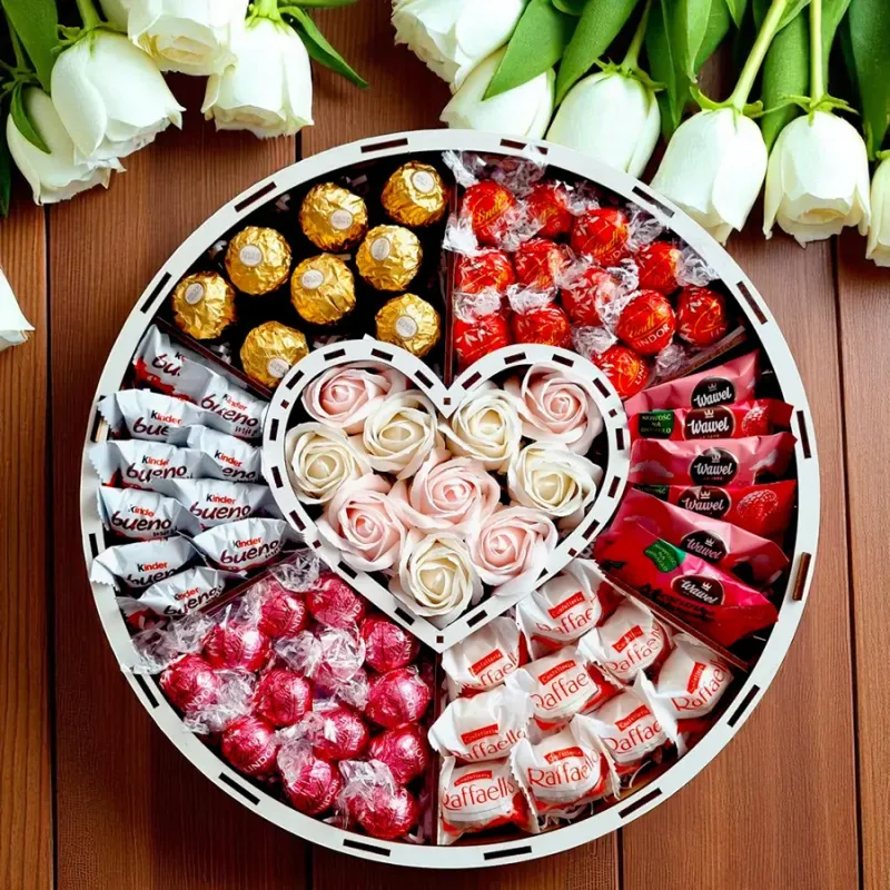 Wnętrze dużego białego okrągłego pudełka z centralnym sercem, pralinkami Lindor i dwukolorowymi różami