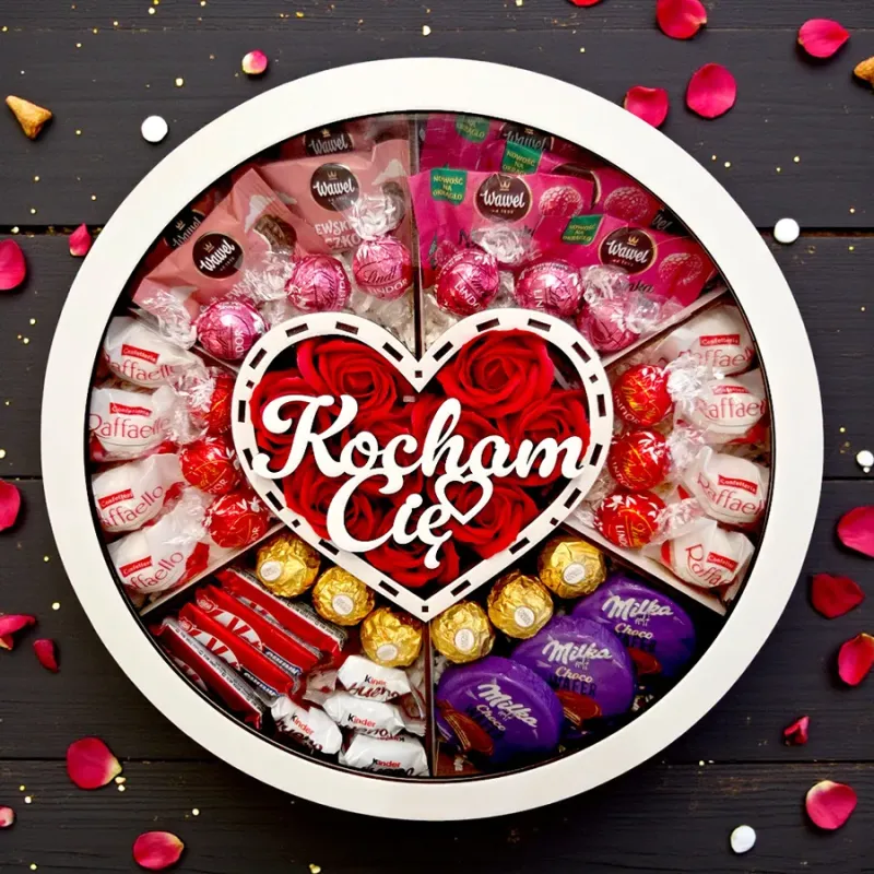 Zamknięte duże białe okrągłe pudełko z przezroczystą pokrywką i napisem „Kocham Cię” widocznym z góry