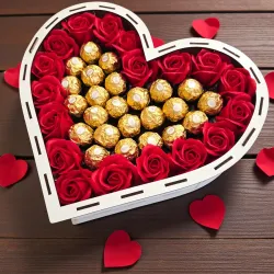 Wnętrze pudełka w kształcie serca z pralinkami Ferrero Rocher i czerwonymi różami mydlanymi ułożonymi dookoła